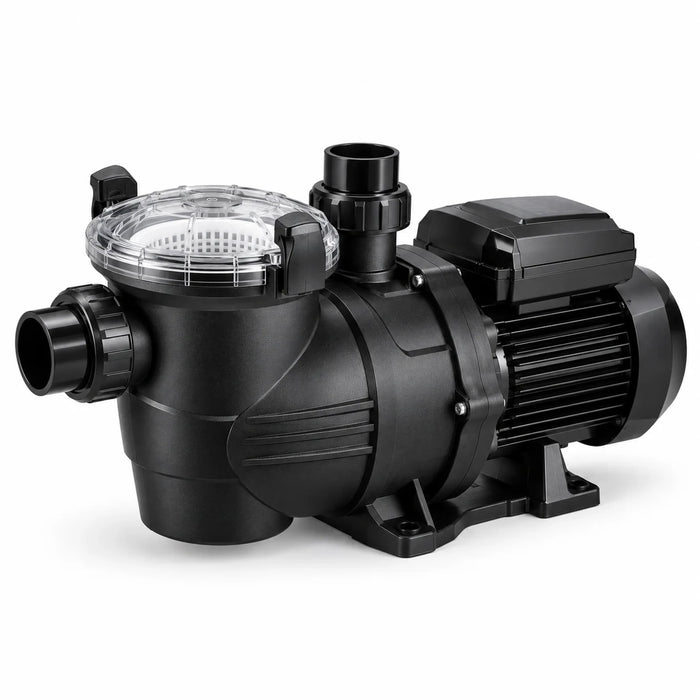 Black 1.0 HP single-speed pool pump with clear strainer lid and plumbing connections