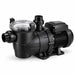 Black 1.0 HP single-speed pool pump with clear strainer lid and plumbing connections