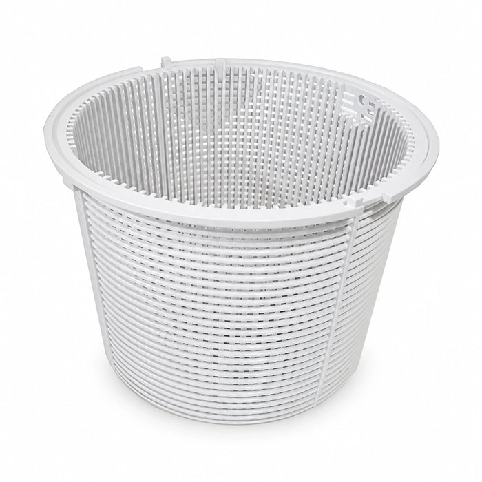 White Quiptron replacement pool skimmer basket with a broad rim and slotted sides.