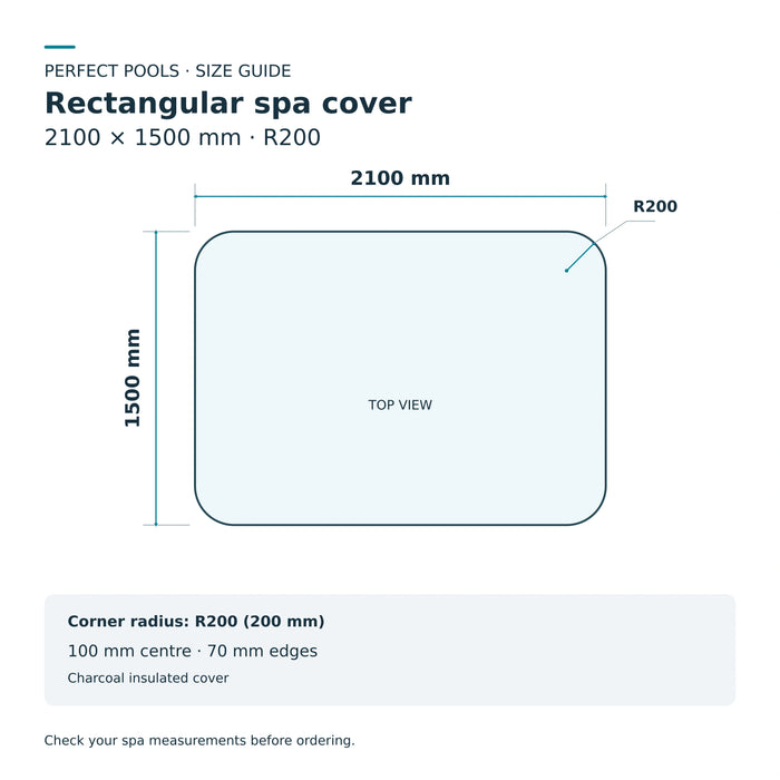Size diagram for the 2100 x 1500mm charcoal spa cover with R200 corners, 100mm centre and 70mm edges.