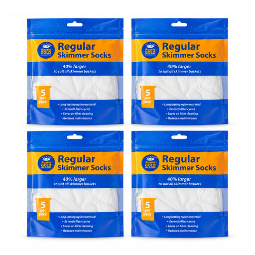 Four sealed Aussie Gold Regular Skimmer Socks five-packs, containing 20 socks in total, arranged on white.