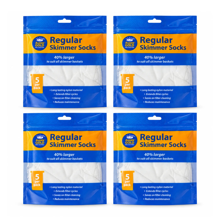 Four sealed Aussie Gold Regular Skimmer Socks five-packs, containing 20 socks in total, arranged on white.