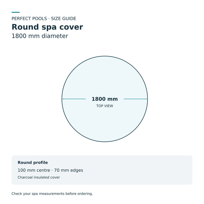 Size diagram for the 1800mm round charcoal spa cover, with 100mm centre and 70mm edge thickness.