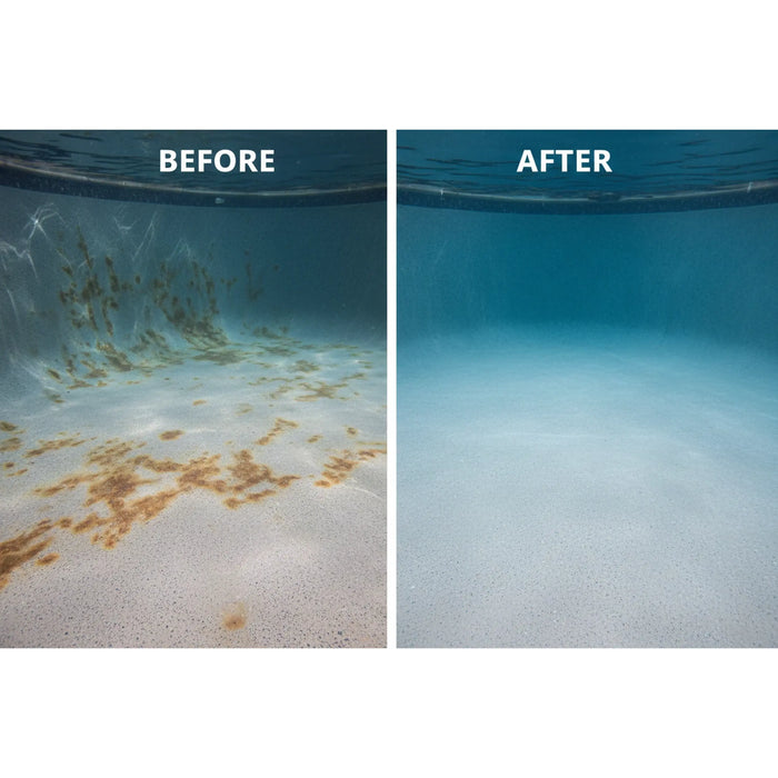 Illustration comparing a stained swimming pool surface with a clean surface