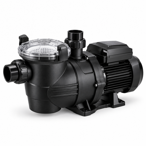 Black 1.0 HP single-speed pool pump with clear strainer lid and plumbing connections