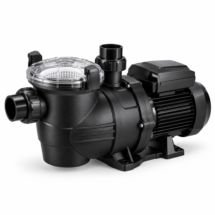 Black 1.0 HP single-speed pool pump with clear strainer lid and plumbing connections