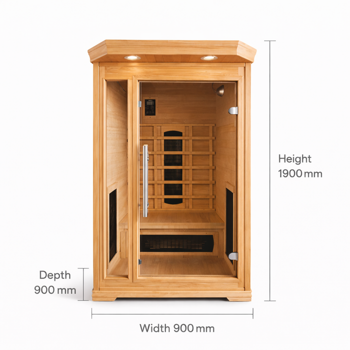 Solo infrared sauna diagram showing 900 mm width, 900 mm depth and 1900 mm height
