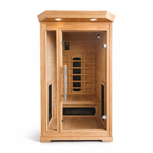 Solo one-person infrared sauna with timber cabin, glass door and bench seat
