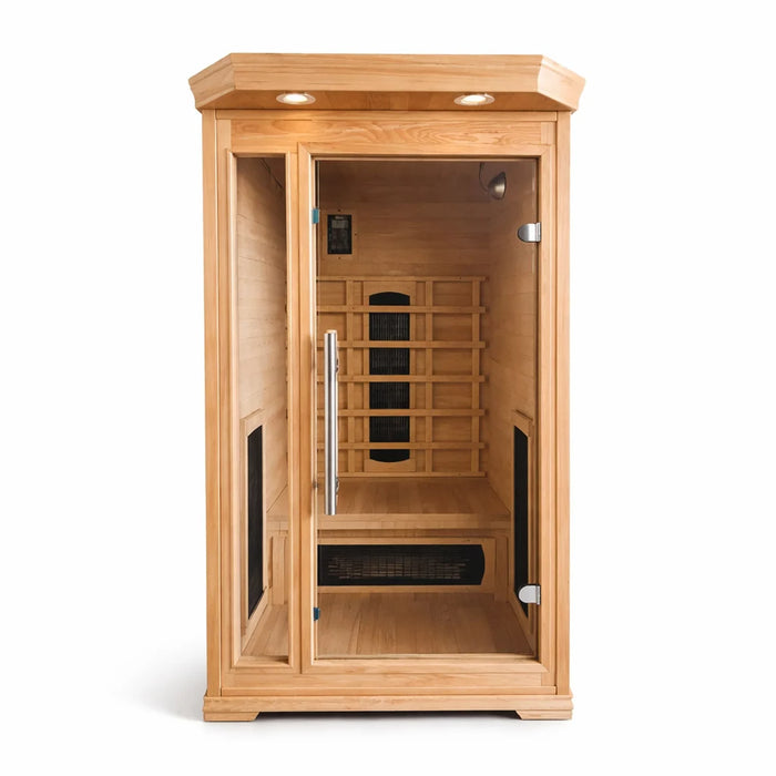 Solo one-person infrared sauna with timber cabin, glass door and bench seat