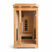 Solo one-person infrared sauna with timber cabin, glass door and bench seat