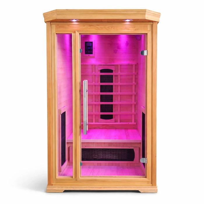 Solo infrared sauna illuminated with pink interior lighting