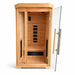 Solo infrared sauna with glass door open, showing the bench and heater panels