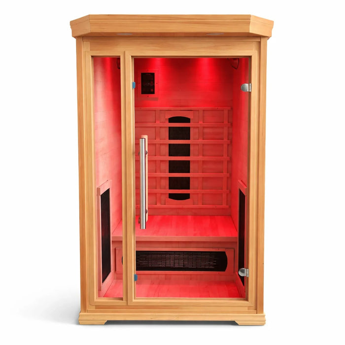 Solo infrared sauna illuminated with red interior lighting