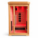 Solo infrared sauna illuminated with red interior lighting