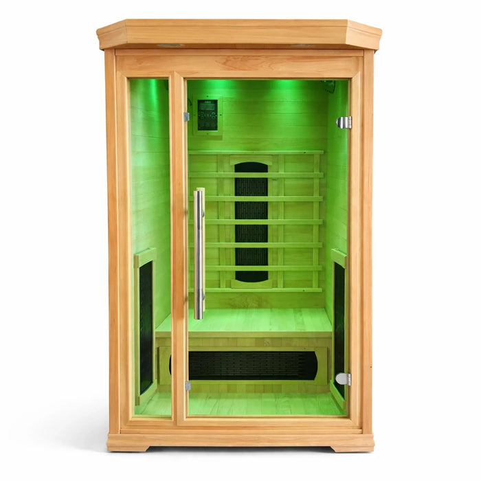 Solo infrared sauna illuminated with green interior lighting