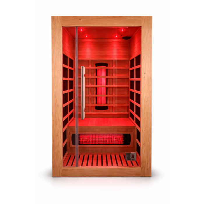 Solo+ infrared sauna with glass door and red interior lighting