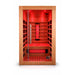 Solo+ infrared sauna with glass door and red interior lighting