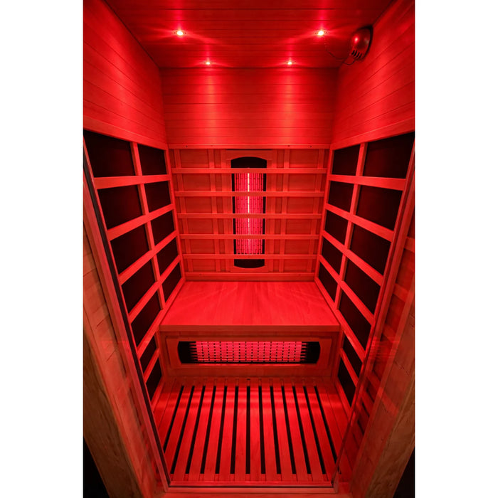 Solo+ infrared sauna interior showing the bench, heater panels and red lighting