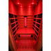 Solo+ infrared sauna interior showing the bench, heater panels and red lighting