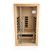 Solo+ one-person infrared sauna with timber cabin, glass door and black heater panels