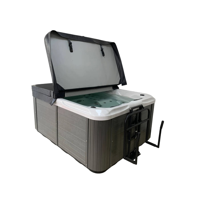 Spa pool shown with cover raised on a rear-mounted cover lifter, highlighting open access and supported cover position.