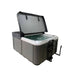 Spa pool shown with cover raised on a rear-mounted cover lifter, highlighting open access and supported cover position.