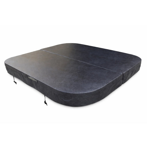 Charcoal insulated spa pool cover with a centre hinge, shown closed on a white background.