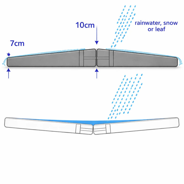 Technical diagram of a tapered spa pool cover, showing 10 cm centre height, 7 cm edge thickness and sloped water runoff design.