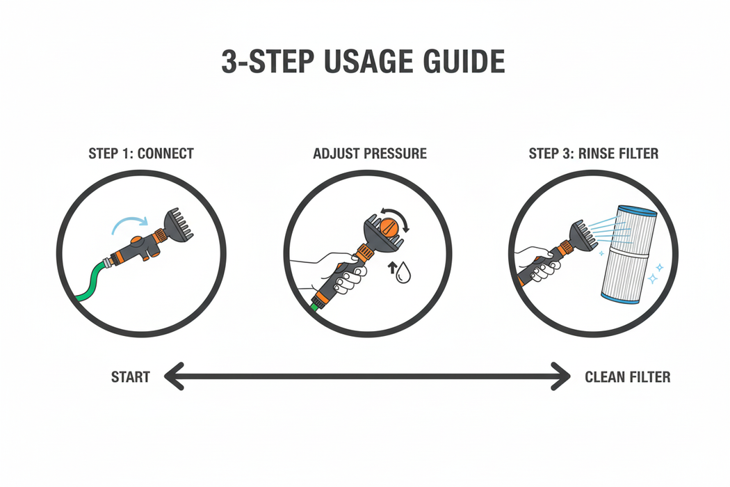 Spa filter cleaning wand guide showing hose connection, pressure adjustment and rinsing between pleats