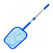 Blue spa leaf scoop with fine mesh and a silver telescopic handle, shown diagonally with the full handle visible on white.