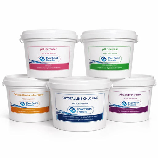 Perfect Pools water care buckets: chlorine, pH increaser, pH decreaser, calcium hardness and alkalinity increasers