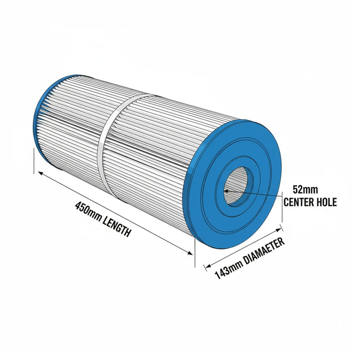 SpaQuip C75 spa filter diagram showing 450 mm length, 143 mm diameter and 52 mm centre hole