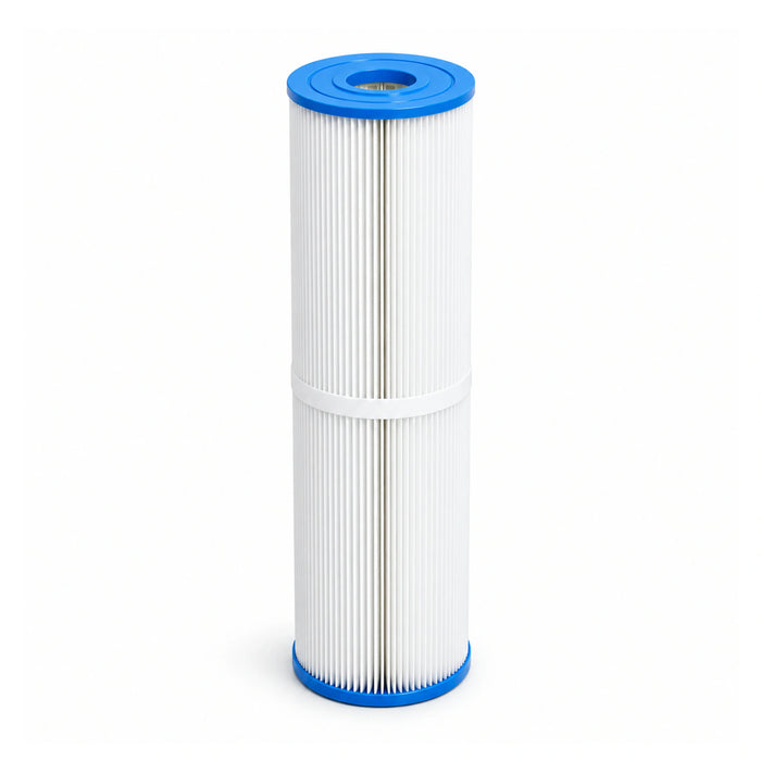 Spaquip 1000 C75 spa filter with blue open end caps and a white support band, standing upright on white.