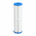 Spaquip 1000 C75 spa filter with blue open end caps and a white support band, standing upright on white.