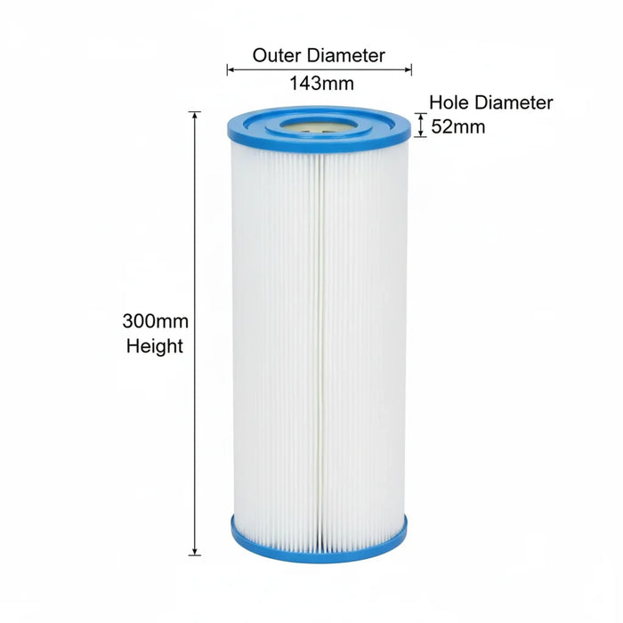 SpaQuip C50 filter diagram showing 143 mm diameter, 300 mm height and 52 mm centre opening