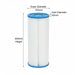 SpaQuip C50 filter diagram showing 143 mm diameter, 300 mm height and 52 mm centre opening