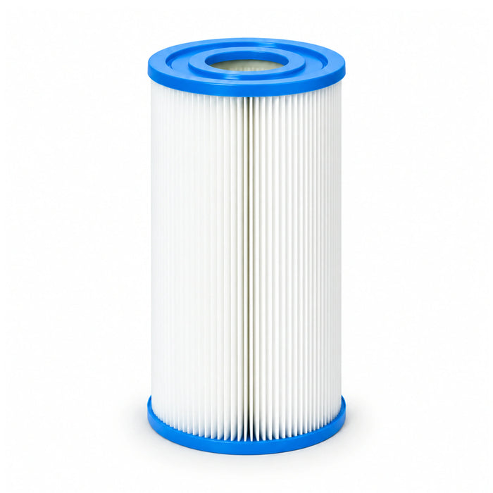 SpaQuip / Leisurerite 2000 spa filter standing upright, showing white pleats and blue end caps with a circular centre opening.