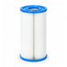 SpaQuip / Leisurerite 2000 spa filter standing upright, showing white pleats and blue end caps with a circular centre opening.