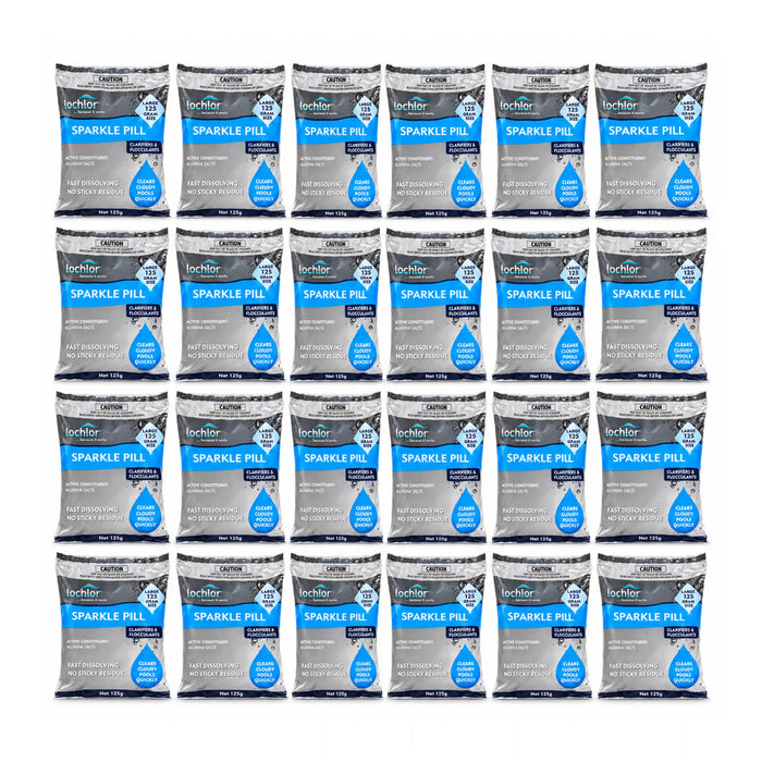 Twenty-four sealed Sparkle Pill 125g pool clarifying tablet packets arranged in four rows of six.