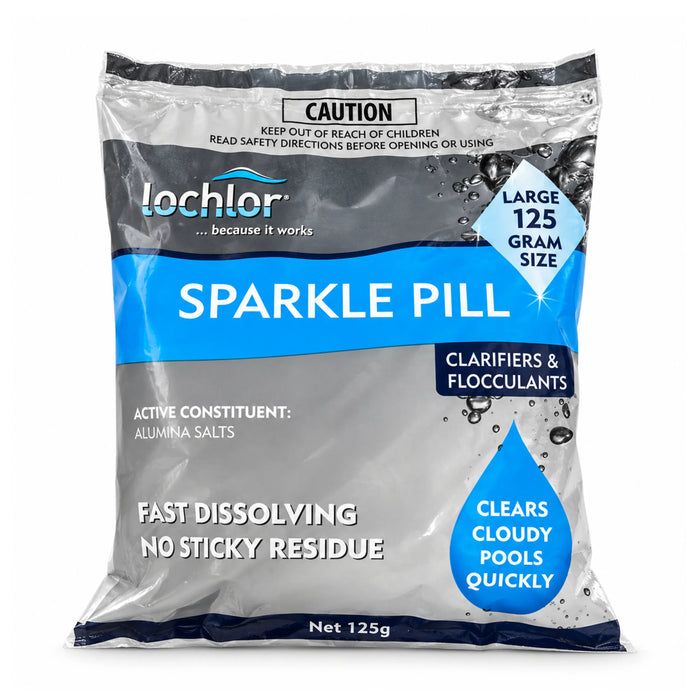 One sealed 125g Sparkle Pill pool clarifying tablet packet, shown on white.
