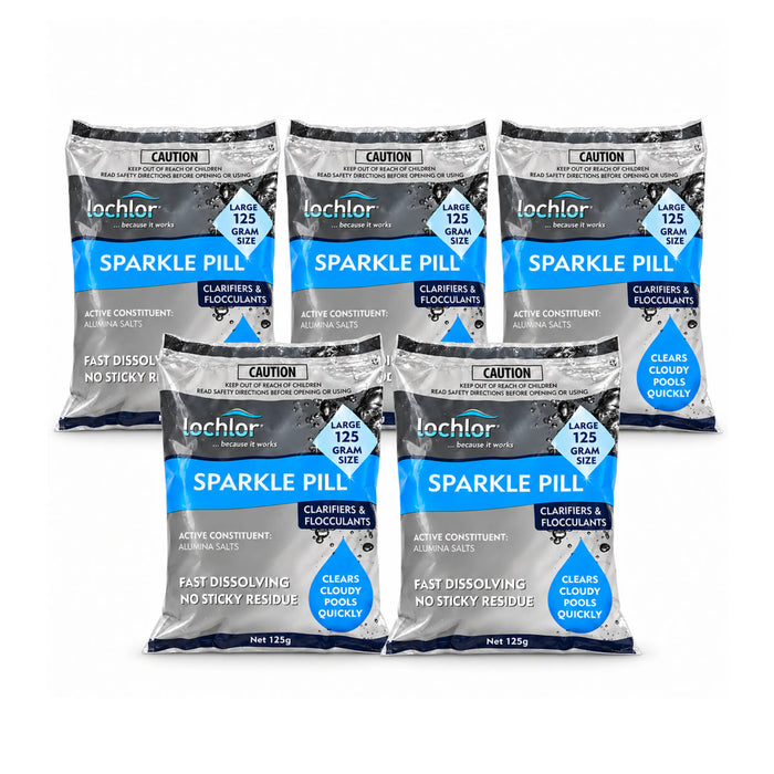 Five sealed 125g Sparkle Pill pool clarifying tablet packets arranged on white.