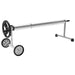 Swimming pool cover roller with winding handle, wheels and support frame