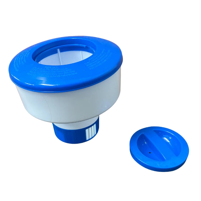 Floating pool chlorine tablet dispenser with blue lid