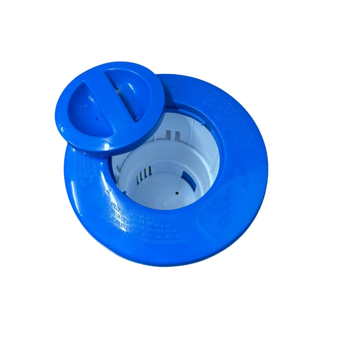 Floating pool chlorine tablet dispenser with lid open, showing the tablet chamber
