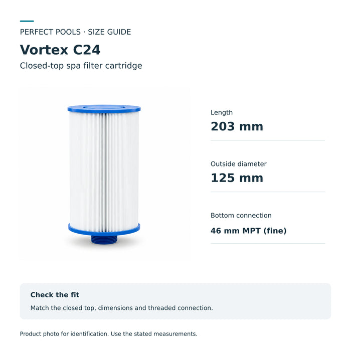 Vortex C24 size guide: length 203 mm, outside diameter 125 mm, bottom connection 46 mm MPT (fine).