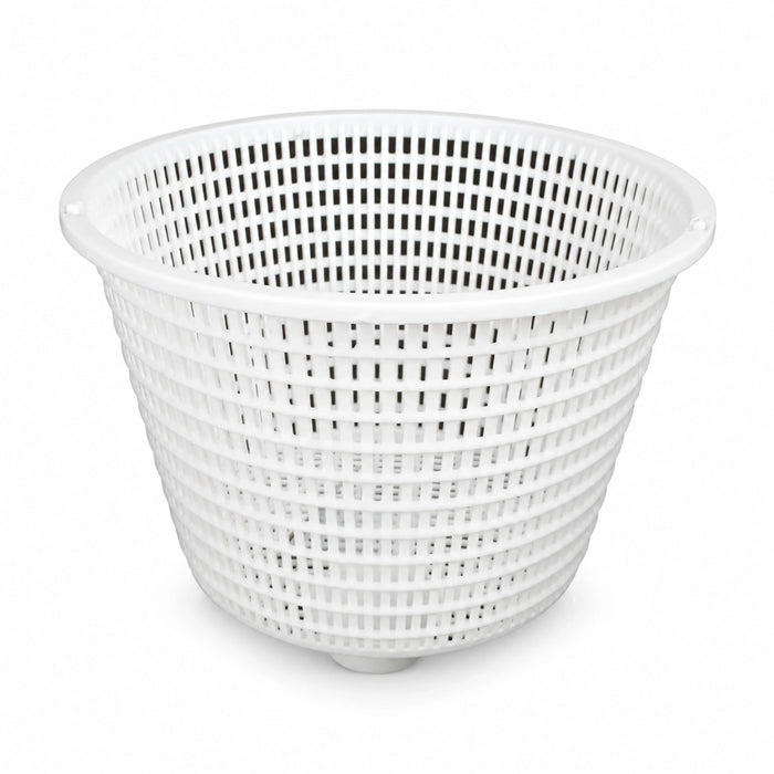 White WA72 replacement pool skimmer basket with a wide flange and tapered perforated body.
