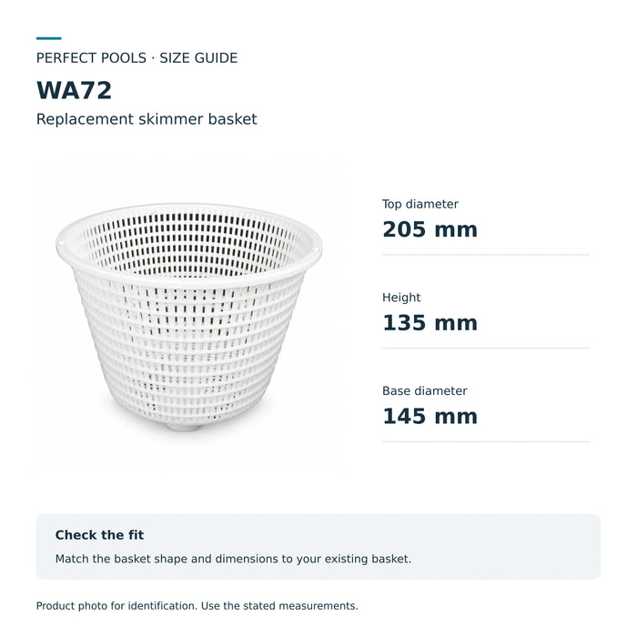 WA72 size guide: top diameter 205 mm, height 135 mm, base diameter 145 mm.