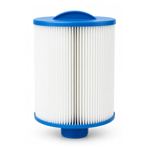Waterway WY45 spa filter with white pleats, blue solid handle and threaded base on a white background