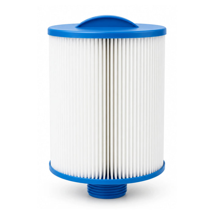 Waterway WY45 spa filter with white pleats, blue solid handle and threaded base on a white background