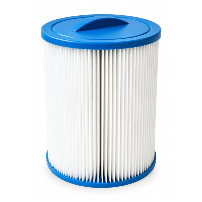 Waterway WY45 spa filter viewed from above, showing the solid blue handle, end cap and white pleats